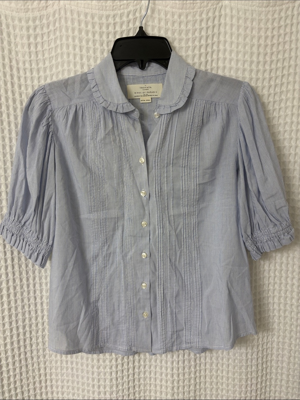 Trovata Birds of Paradis Ruffle Collar Pinstripe Micro Stripe Gemma Blouse XS